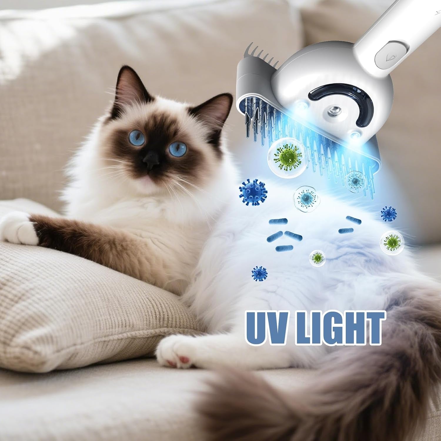 Rechargeable steam deshedding brush in use on a cat's coat