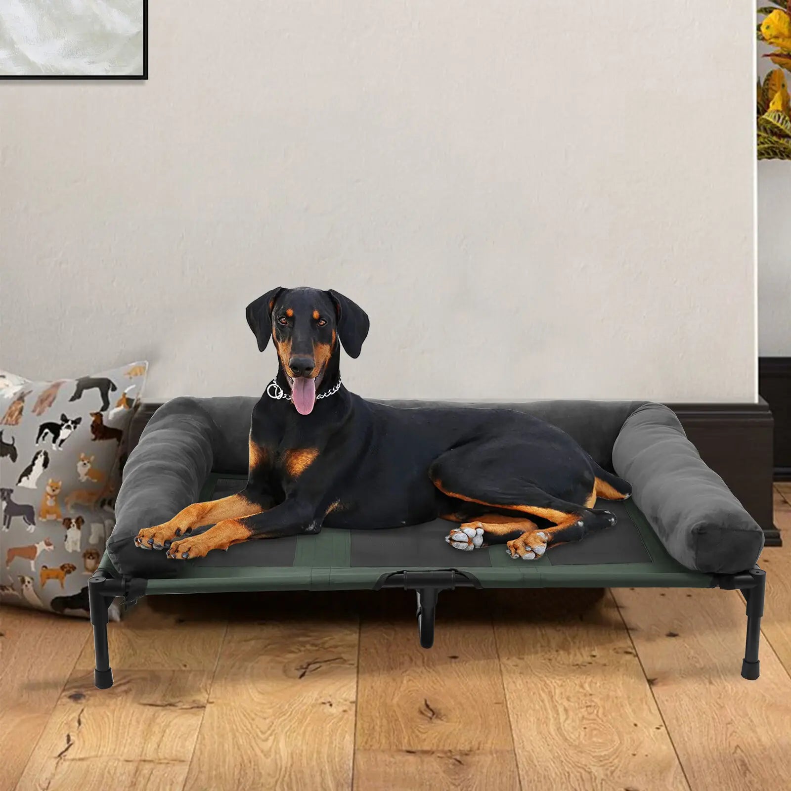 L-2XL Outdoor Indoorelevated Dog Bed for Large Sized Dog Cooling Raised Cot Pet Hammock Bed with Detachable Plush Bolster Breathable Mesh