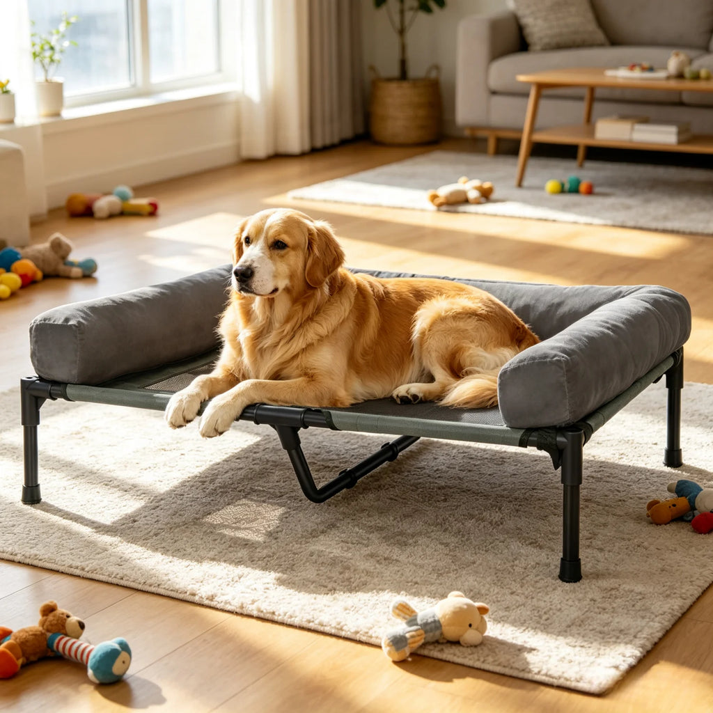 L-2XL Outdoor Indoorelevated Dog Bed for Large Sized Dog Cooling Raised Cot Pet Hammock Bed with Detachable Plush Bolster Breathable Mesh