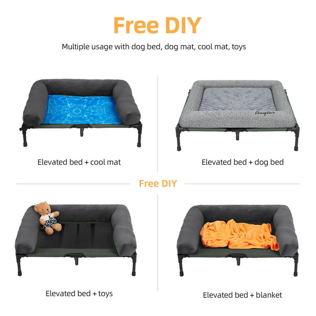 L-2XL Outdoor Indoorelevated Dog Bed for Large Sized Dog Cooling Raised Cot Pet Hammock Bed with Detachable Plush Bolster Breathable Mesh