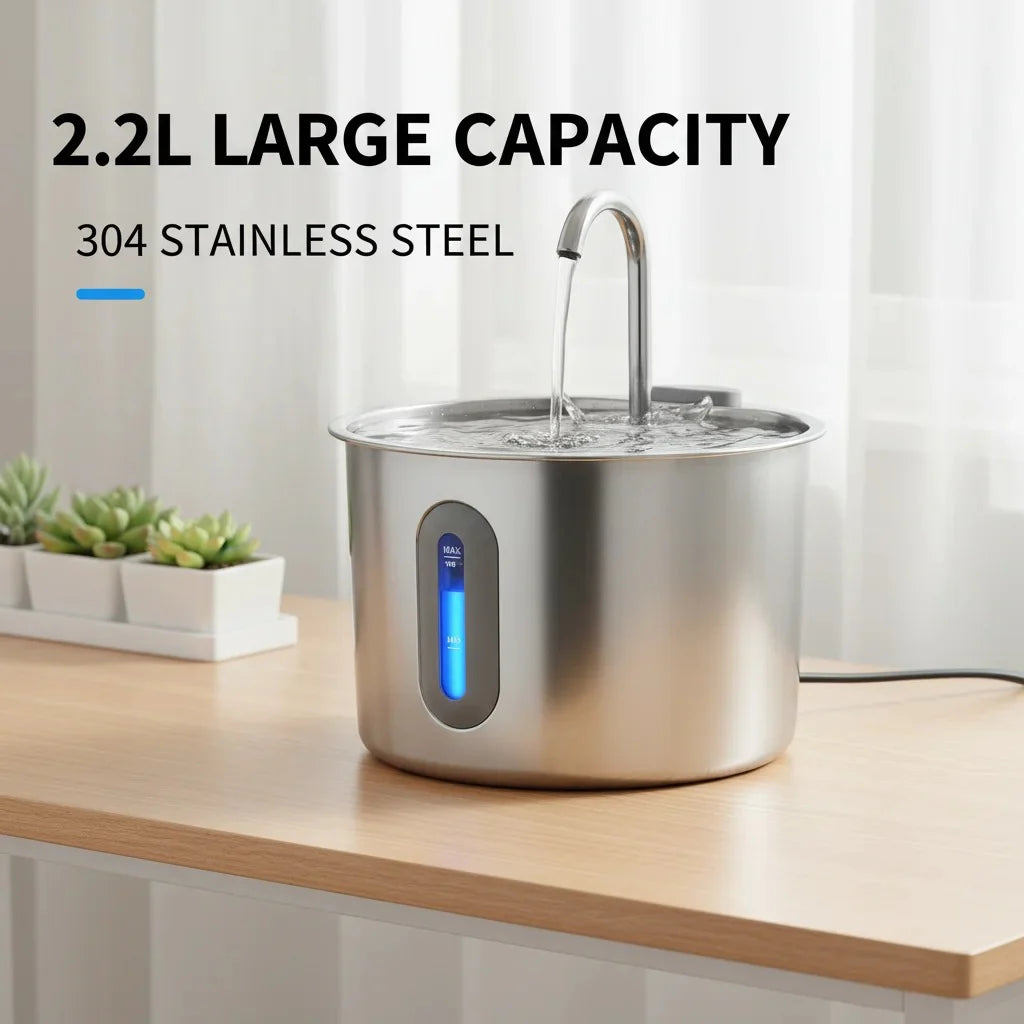 Stainless Steel Cat & Dog Water Fountain 2.2L Ultra Quiet USB Powered Automatic Pet Drinking Fountain Durable for Indoor Pets