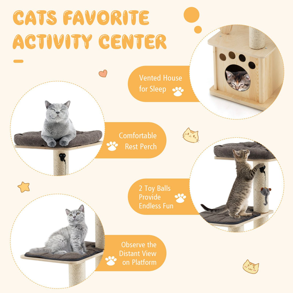 Modern Wooden Cat Tree Tower with Cat House