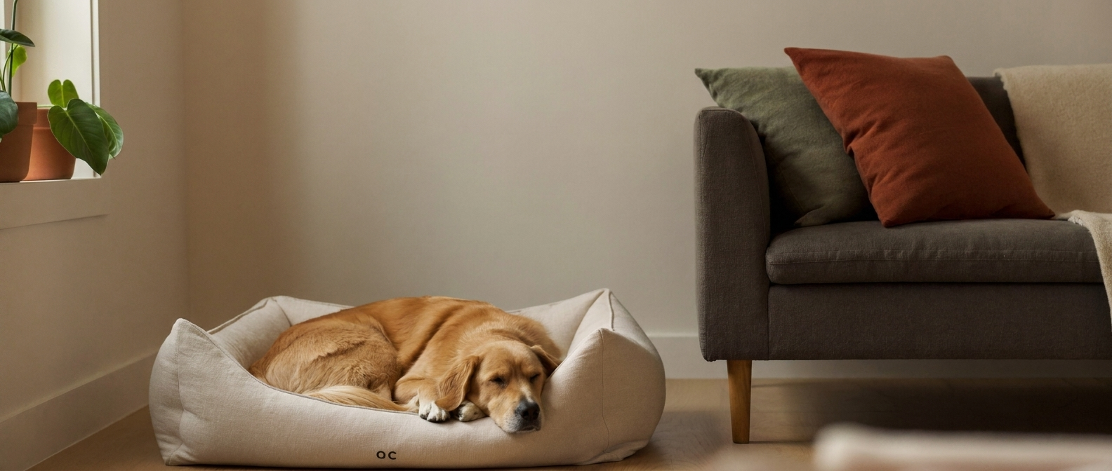 Golden cockapoo asleep on a cream orthopaedic dog bed in a warm styled living room